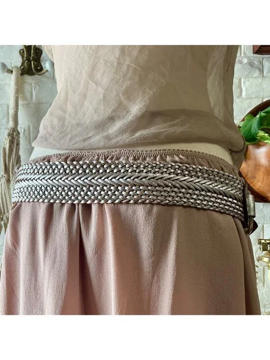 Vintage 90s Y2K Cache Metallic Silver Brushed Handmade Leather Woven Back Wide B - Picture 9 of 12